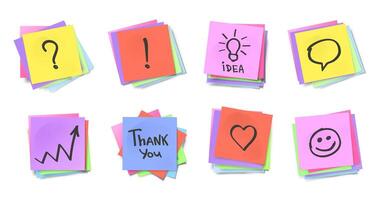 Sticky note messages. Stacked colorful adhesive notes, reminder pads with question mark, exclamation point, light bulb idea, speech bubble, growth chart vector