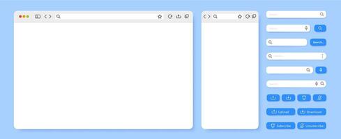 Browser UI template. Internet page layout, user interface search bar panels and action buttons illustration set vector