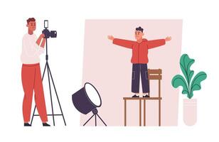 Photographers and models, professional cameraman workflow process vector