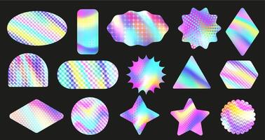 Textured holographic stickers. Iridescent geometric figures, holo gradient shapes with texture patterns collection set vector