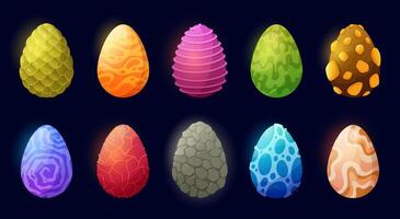 Cartoon fantasy dragon egg. Mythical creature eggs with unique patterns, magic textures and vibrant colors illustration set vector