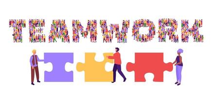 Team work. Collaborative spirit and problem-solving concept with TEAMWORK typography formed by people crowd standing together illustration vector