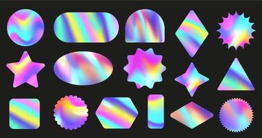 Iridescent holo sticker shapes. Holographic geometric forms, colorful foil decals background set vector