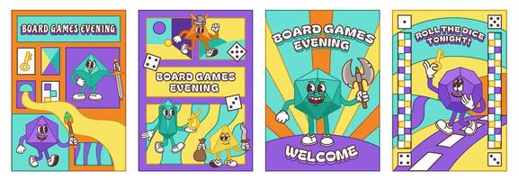 Board games evening event banners. Invitation poster or flyer design with playful tabletop gaming geometric characters illustration set vector