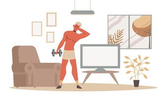 Home exercises. man doing practice of gymnastics vector