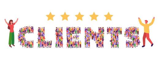 Clients feedback. Happy customer appreciation, five gold stars client review and people crowd word isometric illustration vector