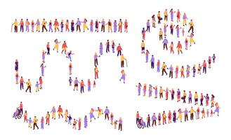 Top view people in line. Customers line of diverse people forming various line shapes, community crowd stay and wait isometric illustration set vector