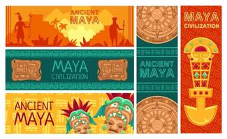 Maya civilization banners. Ancient Mayan calendar, pyramids and Mesoamerican traditional artifacts design template set vector