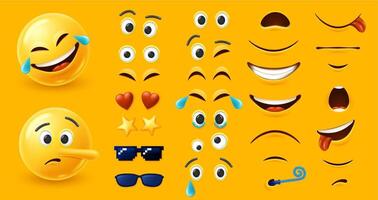 Emoji character kit. Custom emoticon constructor with different eyes and mouth shapes elements combinations for unique facial expression design vector