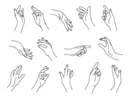 Set of linear human palms. Hand gestures for pointing, holding, snapping and gentle touch isolated line illustration set vector