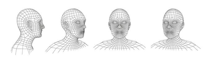 Wireframe human head. Retro wired mesh face, polygonal matrix man portrait and 3D hologram heads illustration set with editable stroke paths vector