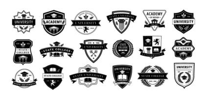 Education badge. Monochrome labels for university, academy and college branding. Academic insignia emblems set vector