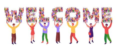 Welcoming banner. Community welcomer typography, welcome word formed by people crowd and team members inviting flat illustration vector