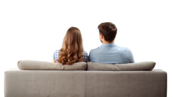 A young couple sitting on a sofa spending quality time in a comfortable living room setting on a transparent background png
