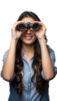 Young Woman Observing Distant Scenery Through Binoculars While Smiling png