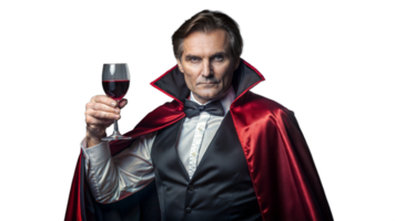 Elegant Man Dressed as a Vampire Holding a Glass of Red Wine at a Halloween Party png