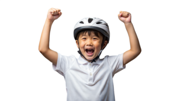 Young Boy Celebrating Joyfully in a White T-Shirt and Bicycle Helmet With Raised Fists in a Bright Space png