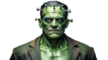 A green-skinned monster with bolts in his head gazes intensely, showcasing a powerful and eerie presence. png