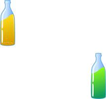 A set of glass bottles with a yellow liquid like lemonade or beer. illustration bottles with carbonated lemonade beer or acid. various labels for bottles. various splashes of soda inside the vector