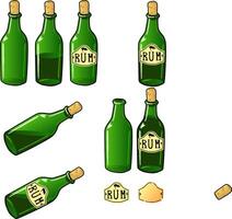 the bottles are green empty with wine and rum. bottles are open and corked with a cork. On the label there is an inscription rum and wine. standing and lying bottles. liquid or alcohol leaks out of vector