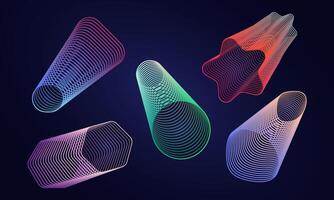 Set of contour abstract figures. Collection of elongated linear geometric shapes 3D. Gradient colors on dark background. Outlines of shape of star, cone, hexagon. Mesh. Isolated. illustration vector
