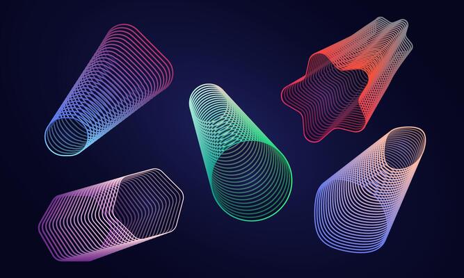 Set of contour abstract figures. Collection of elongated linear geometric shapes 3D. Gradient colors on dark background. Outlines of shape of star, cone, hexagon. Mesh. Isolated. illustration