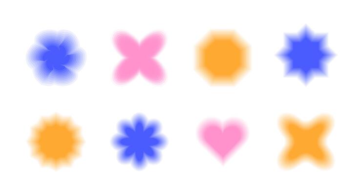 Abstract blur elements set. Modern trend y2k. Collection of unfocused geometric shapes. Isolated badges of flower, heart. Dynamic visual effect. Bright colors - blue, pink, yellow. illustration