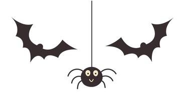 Black silhouette of spider and bats. Halloween cute character isolated on transparent background for design or sticker pack vector