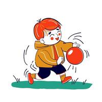 Happy boy is playing with a ball. Naive child drawing doodle style. vector
