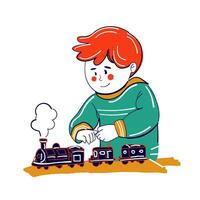 Happy boy is playing with railway train toy. Naive child drawing doodle style. vector