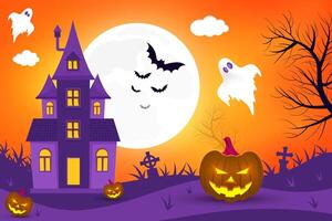 Flat Halloween Background with Scary Pumpkins and bats vector