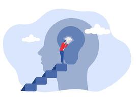 Self discovery concept, businessman finding valuable diamond inside his head. exploration, inner or inside concept, vector