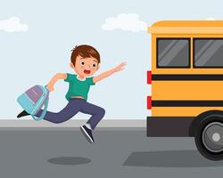 Cute little boy chasing after the school bus running late to school vector