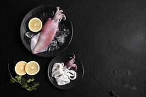 Fresh raw squid. Raw squid on a black plate with ice. Lemon slices. Top view and copy space for your text. photo