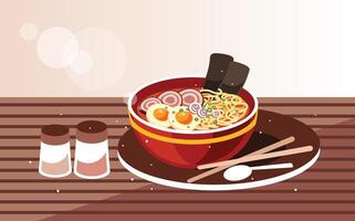 Japanese ramen soup with chicken, egg and chives vector