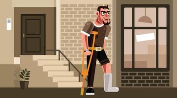 Man with Broken Leg walking using the Crutch vector