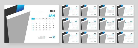 2025 desk calendar template, Template for annual calendar 2025, The week starts on Sunday, Set of 12 months. vector