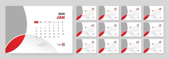 2025 desk calendar template, Template for annual calendar 2025, The week starts on Sunday, Set of 12 months. vector