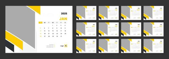 2025 desk calendar template, Template for annual calendar 2025, The week starts on Sunday, Set of 12 months. vector