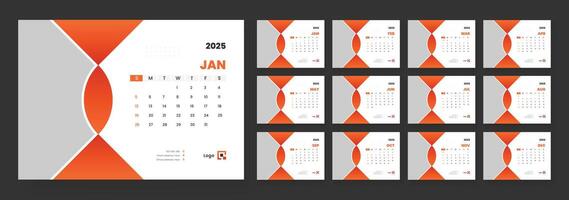 2025 desk calendar template, Template for annual calendar 2025, The week starts on Sunday, Set of 12 months. vector