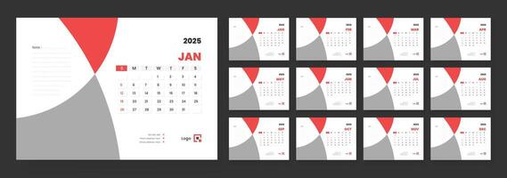 2025 desk calendar template, Template for annual calendar 2025, The week starts on Sunday, Set of 12 months. vector