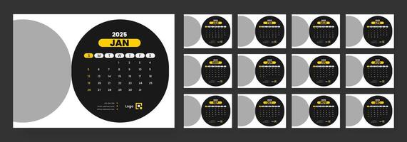 2025 desk calendar template, Template for annual calendar 2025, The week starts on Sunday, Set of 12 months. vector