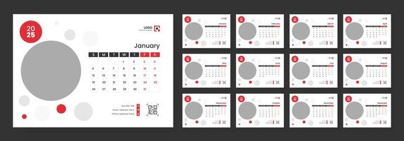 Desk Calendar Template 2025, New Year 2025 table calendar, Minimalist desk calendar 2025 template. Week start on Sunday. vector
