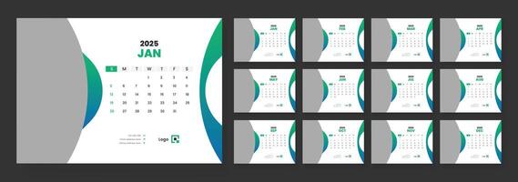 2025 desk calendar template, Template for annual calendar 2025, The week starts on Sunday, Set of 12 months. vector