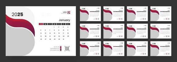 Modern Desk Calendar Template 2025, New Year 2025 table calendar, Minimalist desk calendar 2025 template. Week start on Sunday. vector