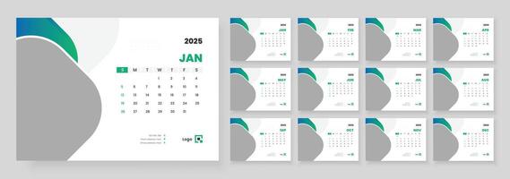 2025 desk calendar template, Template for annual calendar 2025, The week starts on Sunday, Set of 12 months. vector