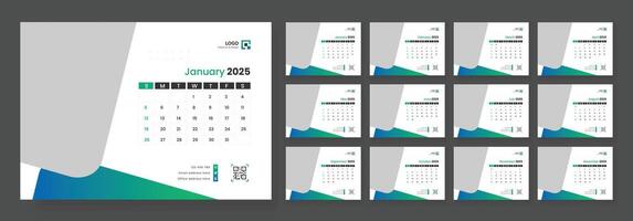 Desk Calendar Template 2025, New Year 2025 table calendar, Minimalist desk calendar 2025 template. Week start on Sunday. vector