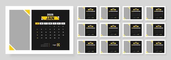 Desk Calendar 2025, Template for annual calendar 2025, The week starts on Sunday, Set of 12 months. vector