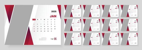 2025 desk calendar template, Template for annual calendar 2025, The week starts on Sunday, Set of 12 months. vector