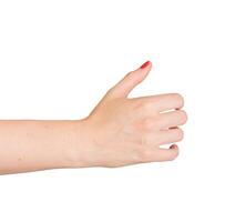 Open hand gesture, arm extended to hold or present something. Isolated on white background, with red photo